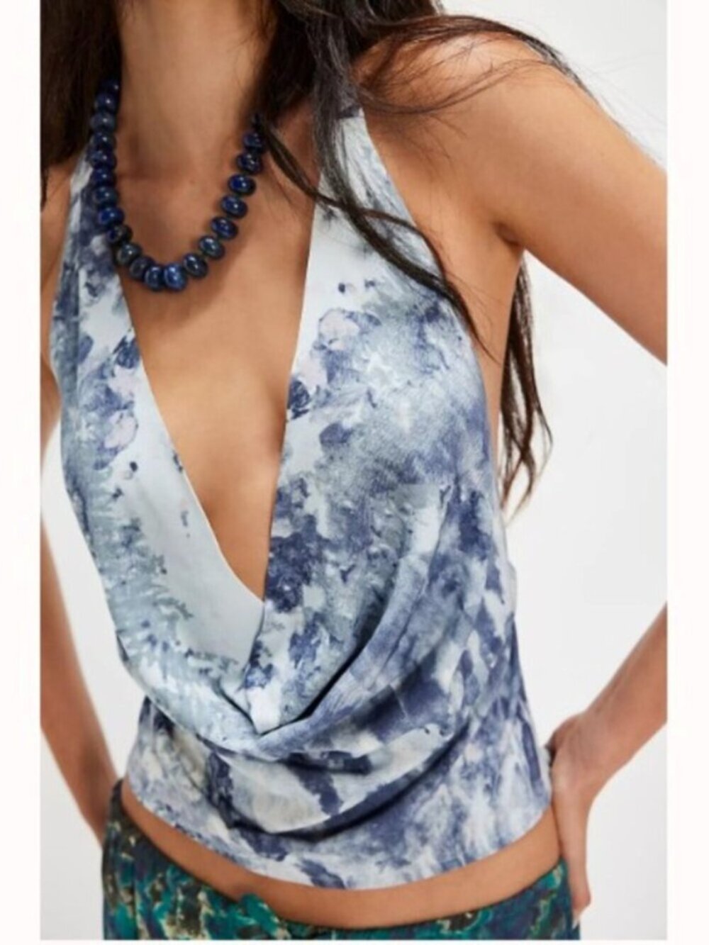 FREE PEOPLE Tropical Oasis Tie Dye Cowl Neck Halter Tank Top Blue Size S NWT